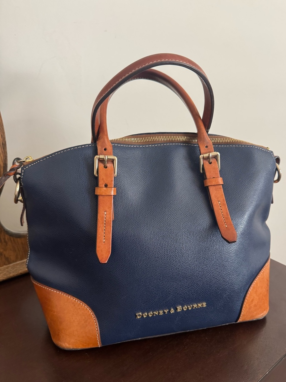 Dooney & Bourke Navy Blue and Brown Leather Satchel